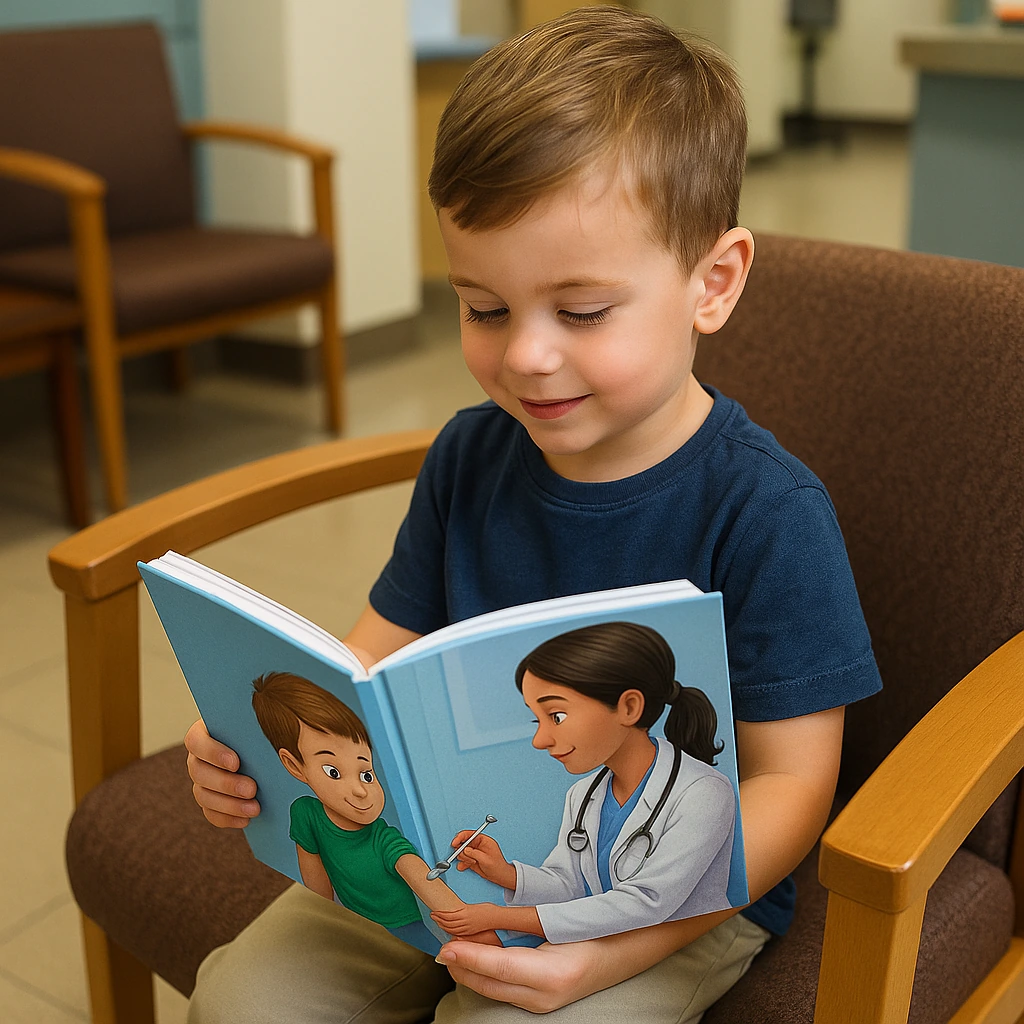 Un bambino con difficoltà di attenzione che legge un libro personalizzato e si concentra sul contenuto