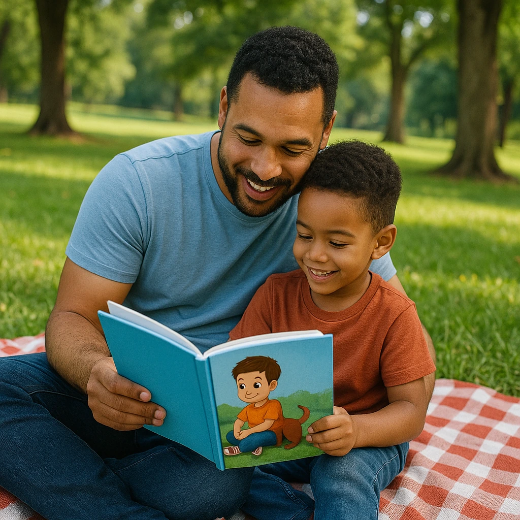 Niño disfrutando de la lectura de verano con un libro personalizado