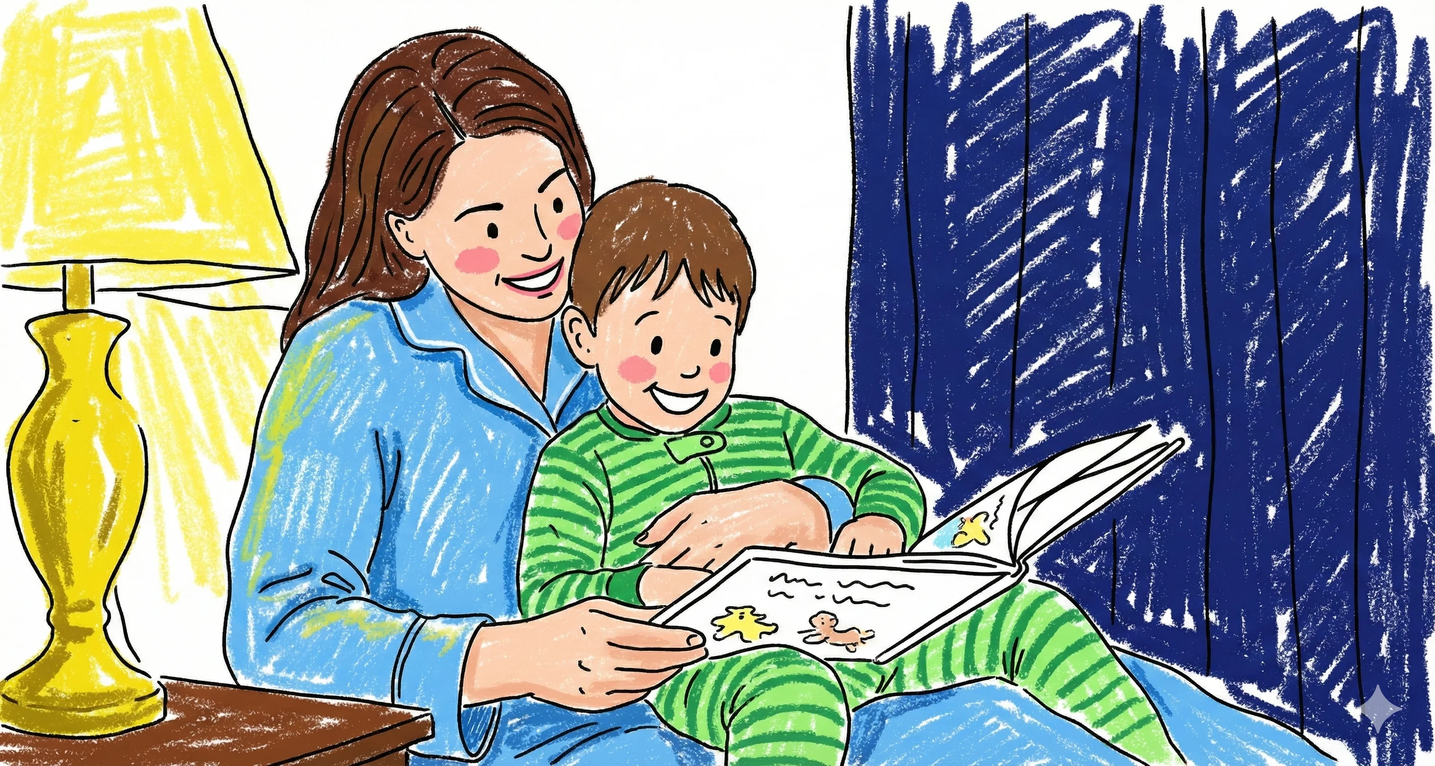 Charming, childlike illustrations with simple drawings and expressive, friendly characters