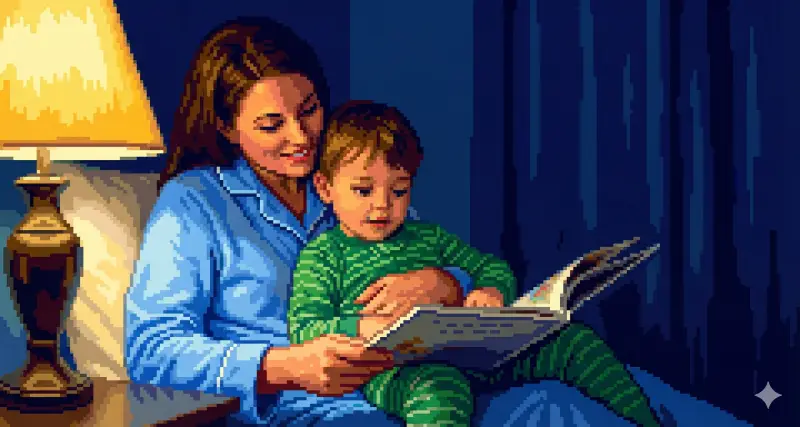 Retro video game style illustrations with blocky, colorful pixels