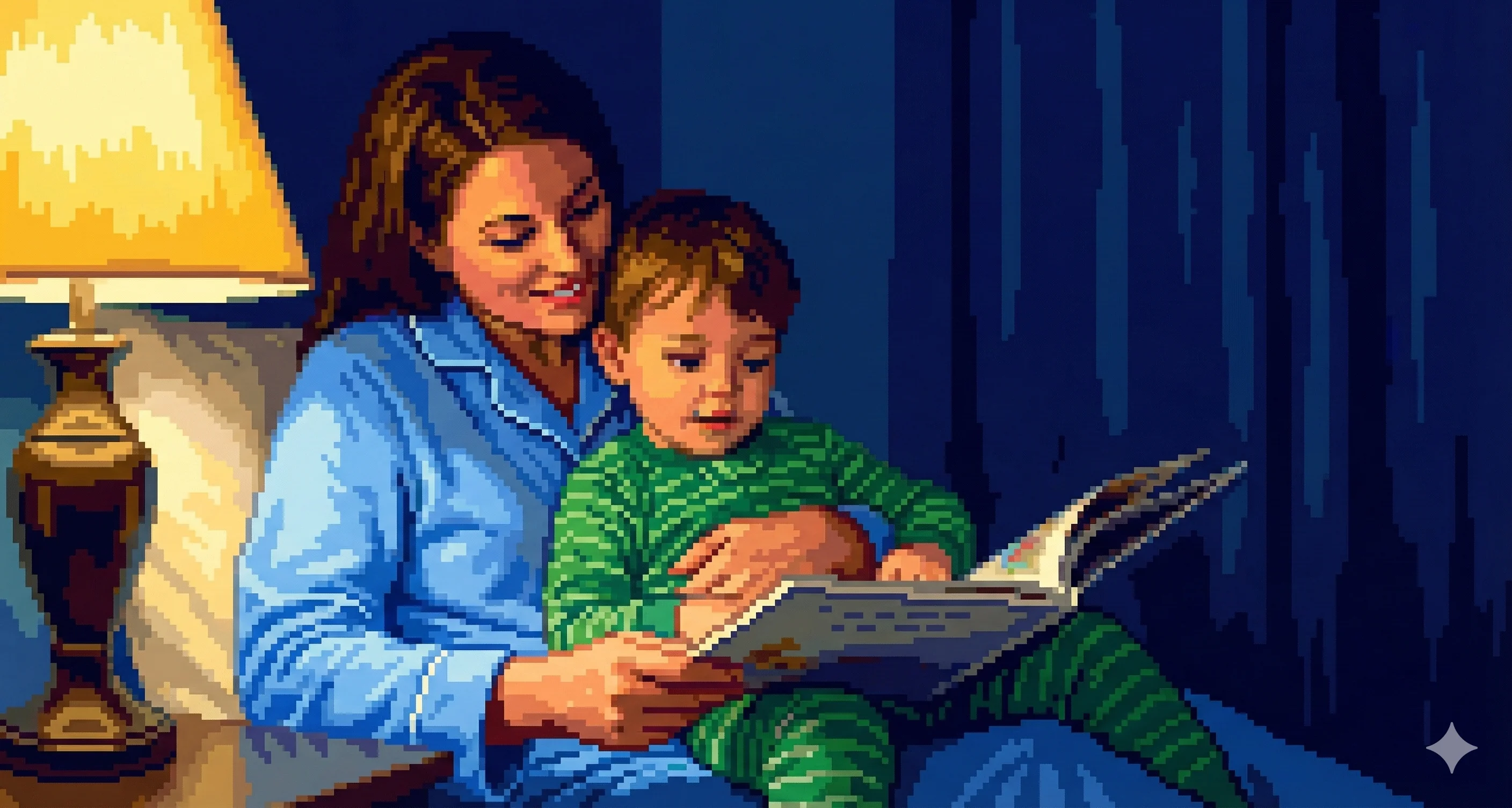 Retro video game style illustrations with blocky, colorful pixels