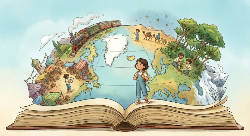 A colorful illustration of a child traveling across a magical world map, with the journey emerging from an open personalized storybook.