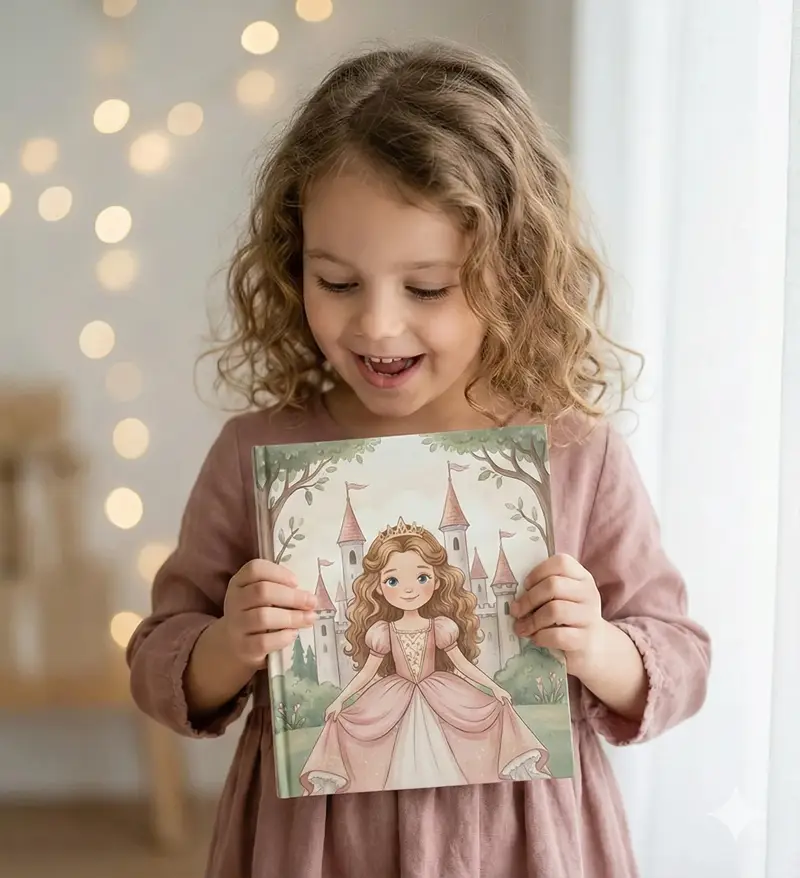 A 6-year-old girl in a cozy Scandinavian living room holds a personalized princess storybook beside a small birthday cake and pastel balloons.