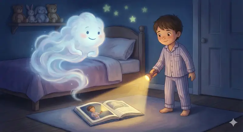 A comforting illustration of a child with a small flashlight facing a cute, cloud-like "monster," with a personalized storybook reinforcing courage.