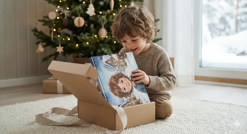 A child opens a kraft gift box by a softly lit Christmas tree and discovers a personalized children's storybook in a warm Scandinavian living room.