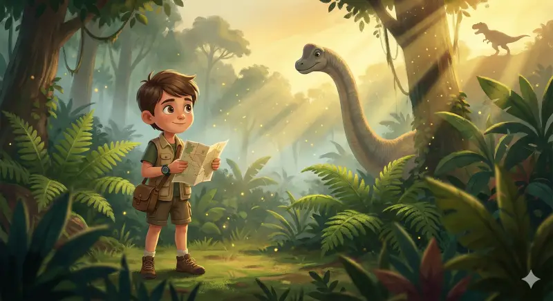 A cinematic dinosaur adventure illustration showing a child explorer in a misty jungle with friendly dinosaurs and a personalized story vibe.