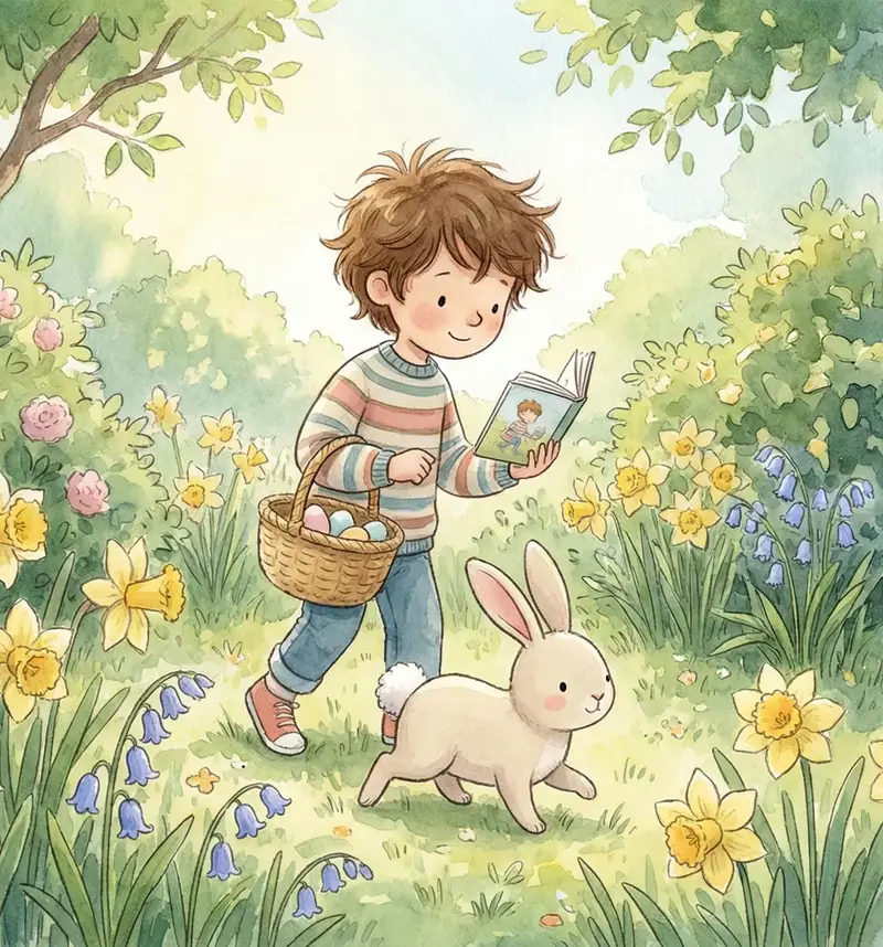 A watercolor-style illustration of a child collecting Easter eggs in a spring garden with a friendly bunny and a personalized story feel.