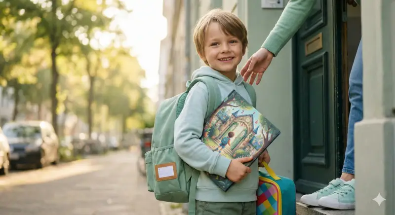 A child with a new backpack holds a personalized storybook at the front door on the first day of school, morning light and clean European style.