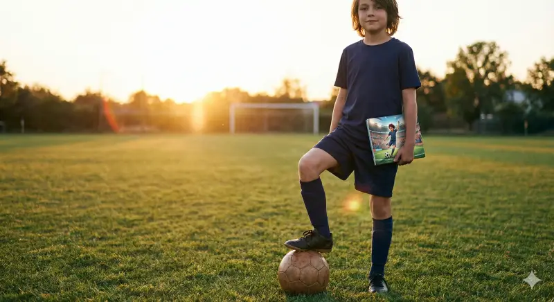A child on a small football pitch at golden hour holds a personalized storybook showing them scoring the winning goal.