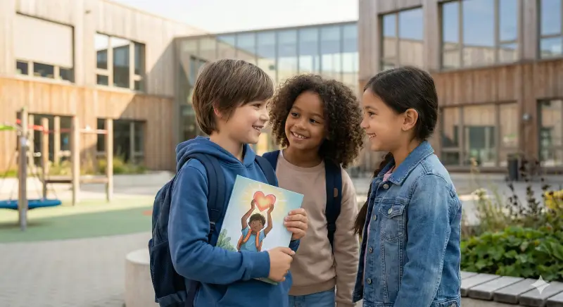 A child stands with supportive friends in a modern schoolyard while holding a personalized storybook about confidence and belonging.