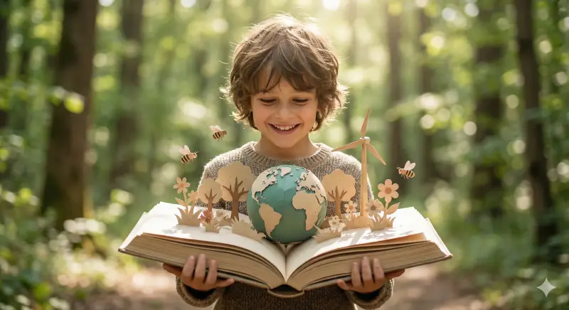 A child outdoors holds an open personalized book that reveals a premium paper-cut pop-up scene of Earth, trees, and wind turbines.