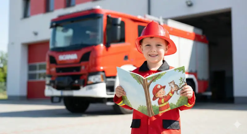 A child near a modern fire truck holds a personalized storybook showing them as a brave firefighter helping in a gentle, kid-friendly scene.