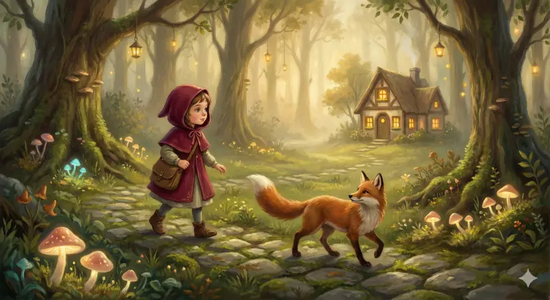 A classic storybook-style illustration of a child hero in a magical forest with a friendly animal guide, designed like a personalized fairy tale.