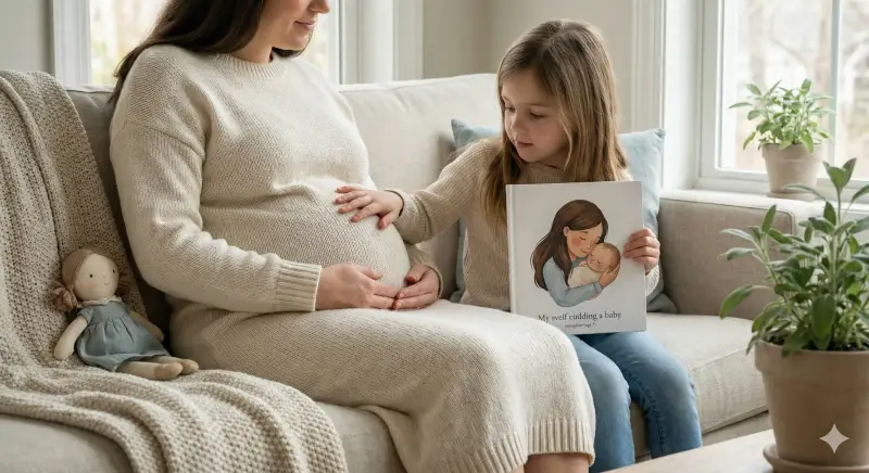 A child rests a hand on a pregnant parent's belly while holding a personalized storybook about becoming a big brother or sister in a bright home setting.