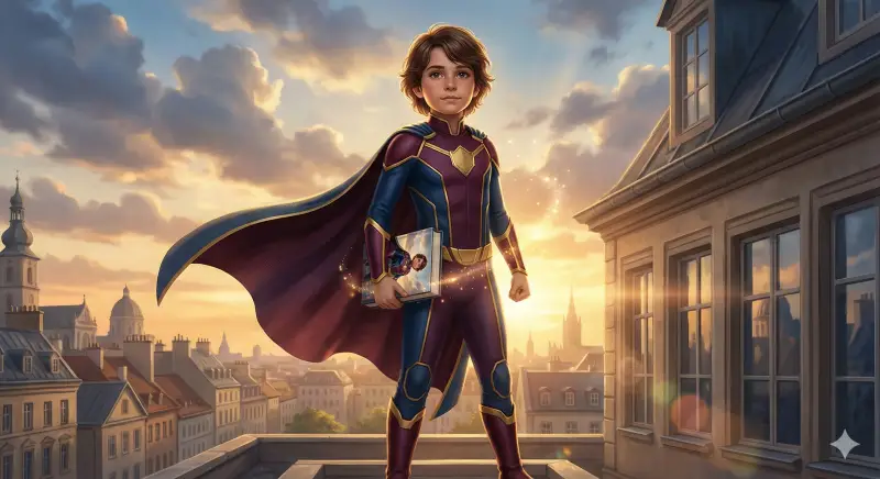 A bold superhero-style illustration featuring a child as the hero on a rooftop at sunset, with a personalized storybook as the central prop.