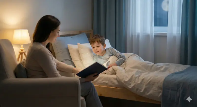 A parent reads a personalized bedtime story to a child in a warm, softly lit bedroom with a gentle magical glow from the book.
