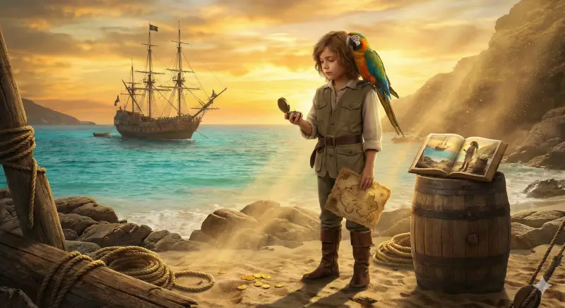 A cinematic pirate adventure illustration of a child holding a map and compass on a rocky beach, with a personalized storybook nearby.
