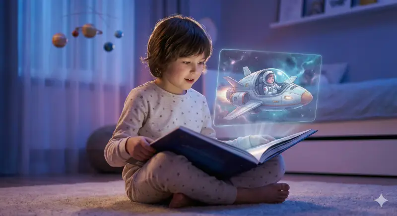 A child at home holds an open personalized storybook with a subtle hologram-like space scene rising from the pages.