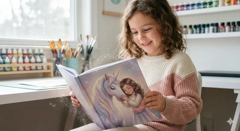 A girl in a bright room holds a personalized unicorn storybook with a premium illustrated cover that resembles her.