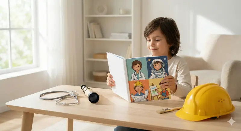 A child in a clean Scandinavian home setting holds a personalized storybook showing them in multiple future careers, inspiring confidence and imagination.