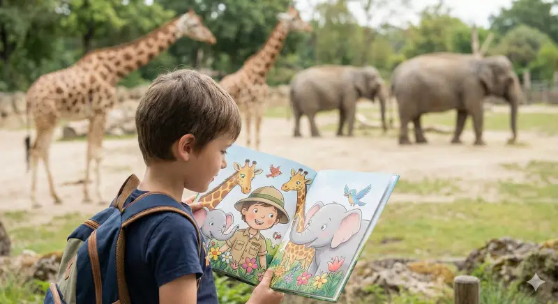 A child at a zoo holds a personalized storybook that mirrors the moment, featuring animals in a warm, friendly storybook style.