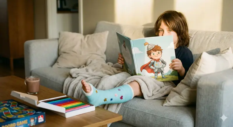 Niño con escayola sosteniendo un libro de cuentos de recuperación personalizado que convierte la curación en una aventura valiente y positiva.