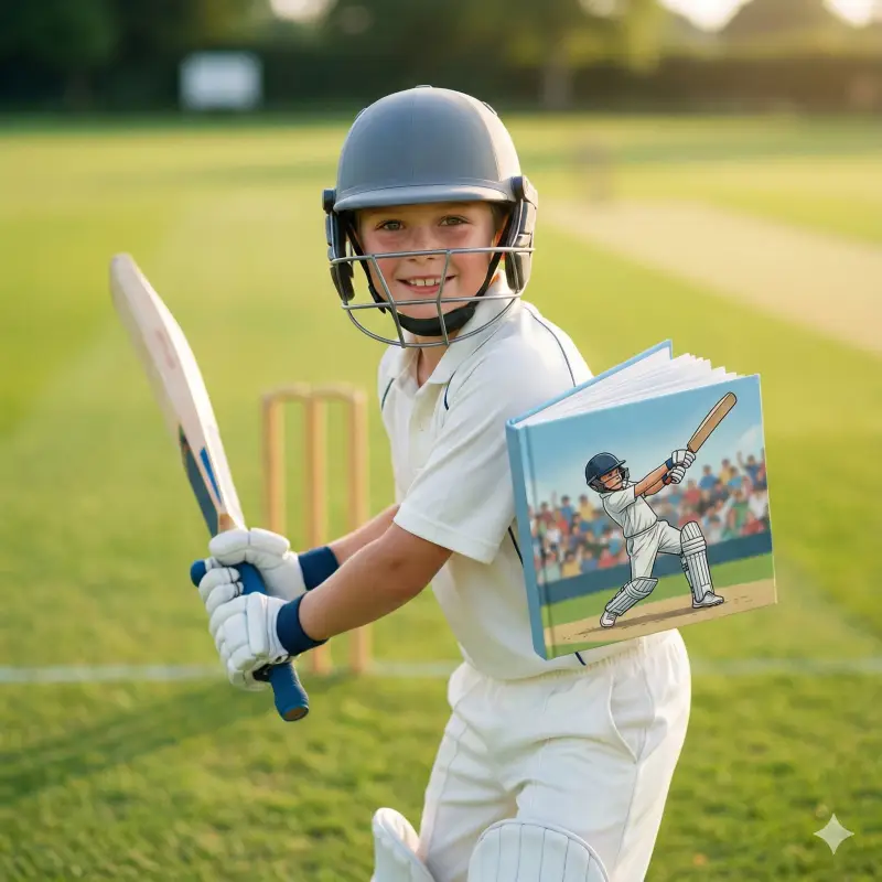 Niño sosteniendo un libro de cuentos de cricket personalizado inspirado en un primer partido y la alegría del trabajo en equipo y la habilidad.