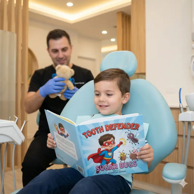 Child holding a personalized dentist storybook designed to reduce fear and make the first dental visit feel safe and friendly.