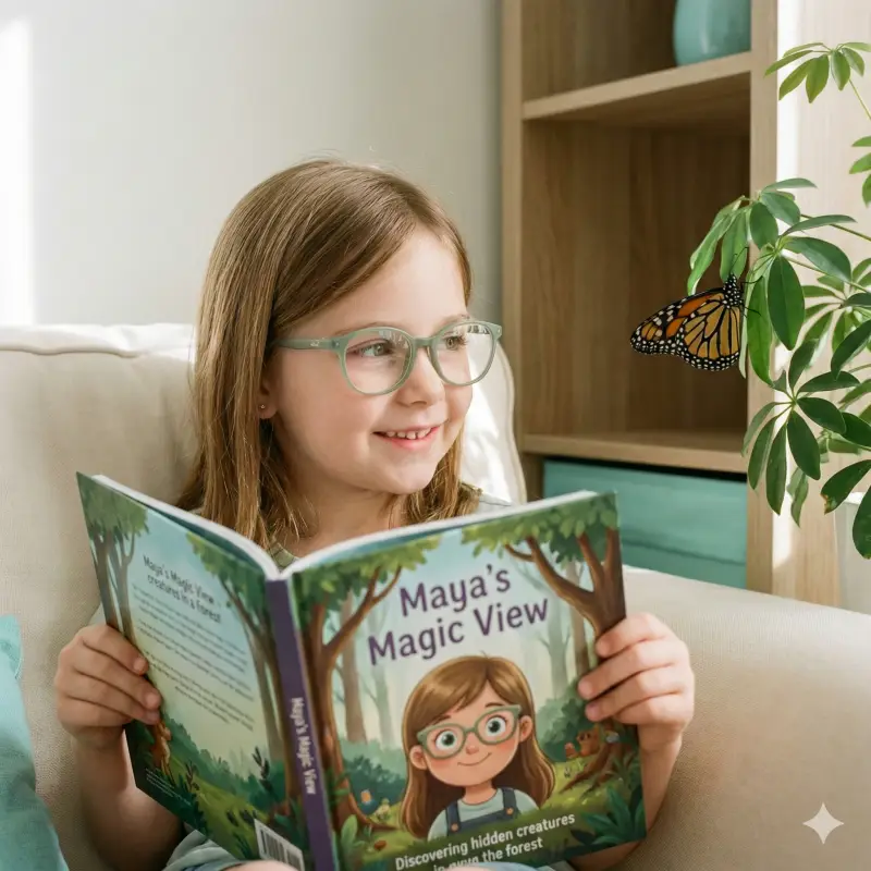 Bambino che indossa nuovi occhiali e tiene un libro di storie personalizzato che costruisce fiducia e celebra vedere il mondo chiaramente.