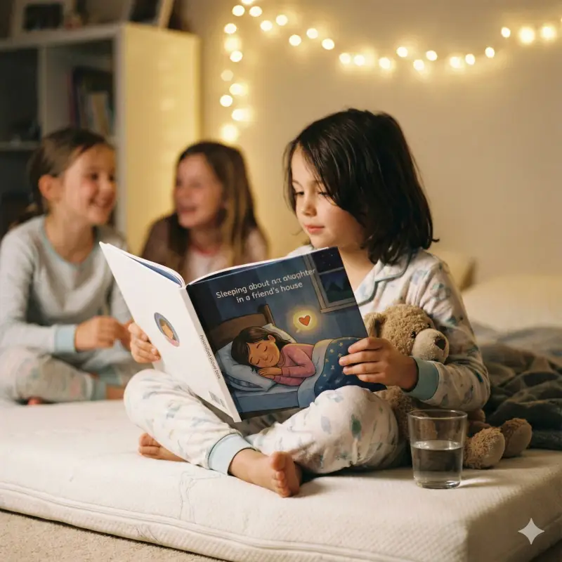 Cozy sleepover scene with a child holding a personalized storybook that helps with separation anxiety and staying overnight.