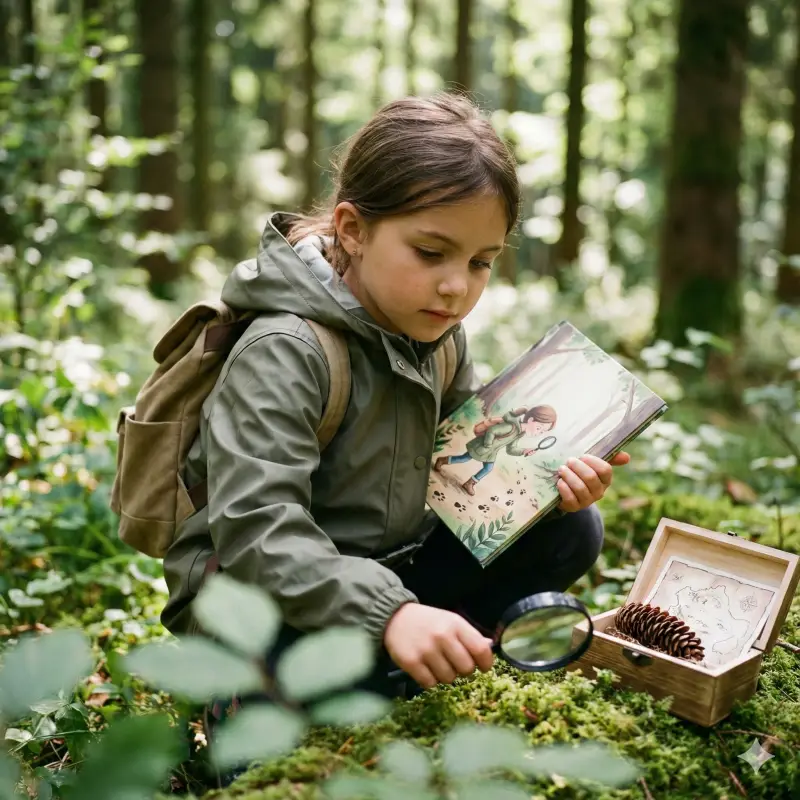 Niño al aire libre sosteniendo un libro de cuentos de detective de la naturaleza personalizado inspirado en aventuras y exploración de la escuela del bosque.