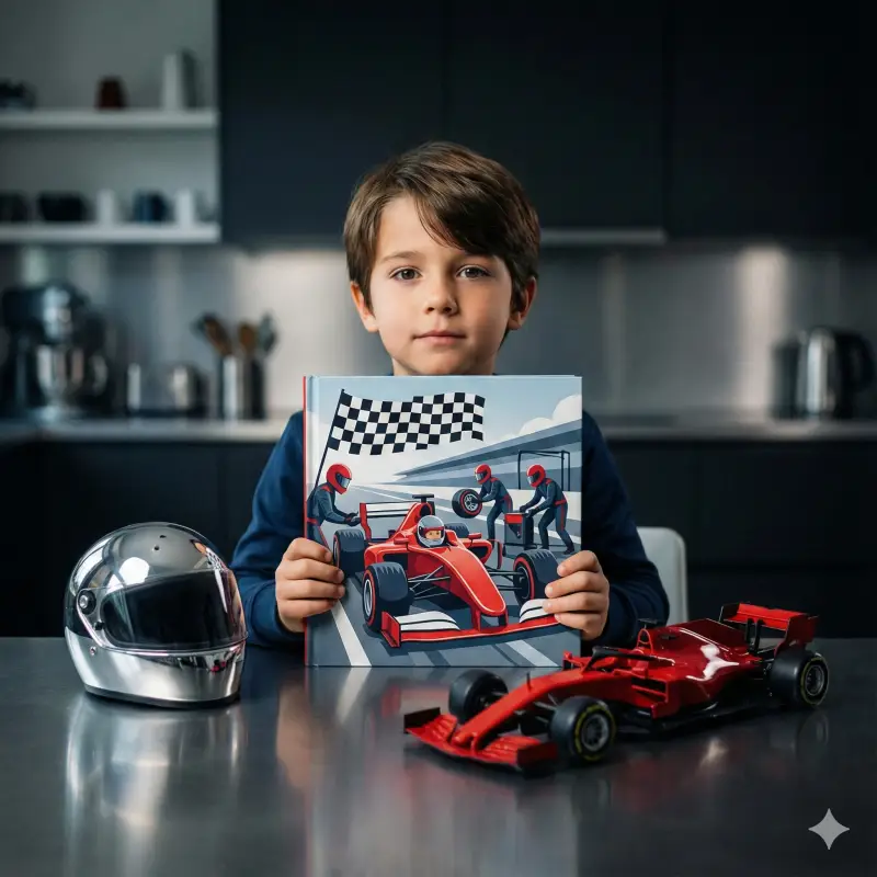 Kind hält ein personalisiertes Renn-Geschichtenbuch, das es zu einem selbstbewussten jungen Grand-Prix-Fahrer macht.