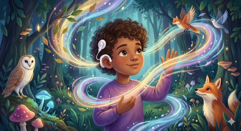 Imagen empoderadora de libro de cuentos personalizado que presenta a un niño con audífonos o un implante coclear como el héroe de la historia.
