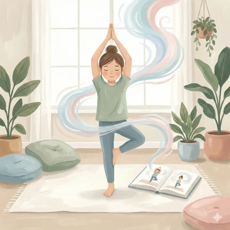 Calm personalized yoga storybook scene showing a child practicing gentle poses and mindful breathing.