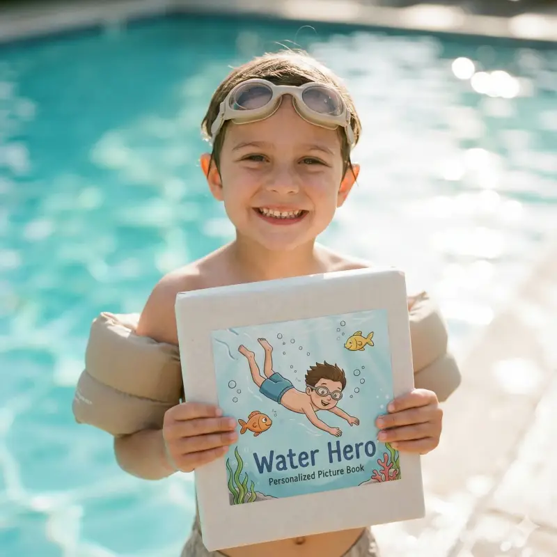 Child at a pool holding a personalized swimming storybook that supports confidence in water and lessons.