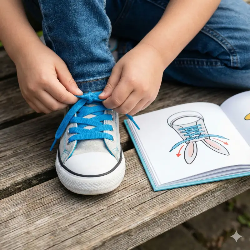 Primo piano di un bambino che impara ad allacciare le scarpe con l'aiuto di un libro di storie personalizzato che rende l'abilità raggiungibile.