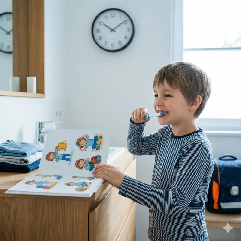 Enfant suivant une routine matinale avec un livre d'histoires personnalisé qui encourage à se préparer calmement et indépendamment.
