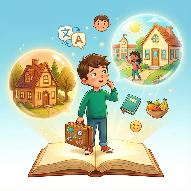 Personalized relocation storybook scene helping a child feel excited and secure about moving to a new country.
