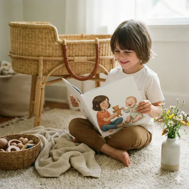 Child holding a personalized storybook celebrating becoming a big cousin and welcoming a new baby in the family.