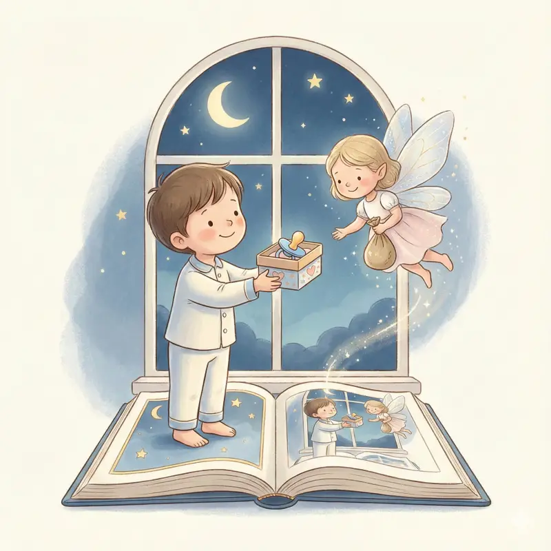 Personalized pacifier-weaning storybook scene that helps a child say goodbye to the pacifier in a gentle, magical way.