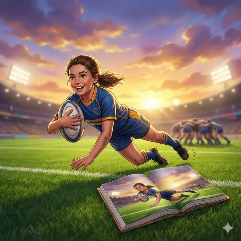 Niño mostrado como un héroe del rugby sosteniendo un libro de cuentos personalizado con un emocionante momento de anotación.