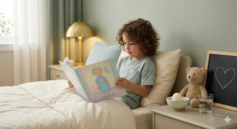 Niño sosteniendo un libro de cuentos personalizado que ayuda a prepararse para la cirugía de amígdalas, en un entorno hogareño tranquilo y reconfortante.